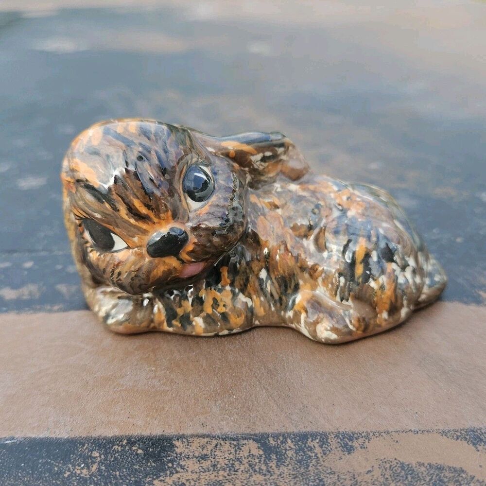 Vintage Ceramic Puppy Figurine Lying Down Dog Pink Collar Mini Spaniel Style